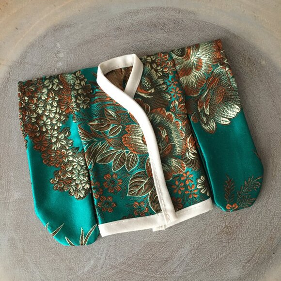 Handmade Green Floral Silk Jacquard Kimono Doll Clothing - Picture 1 of 7
